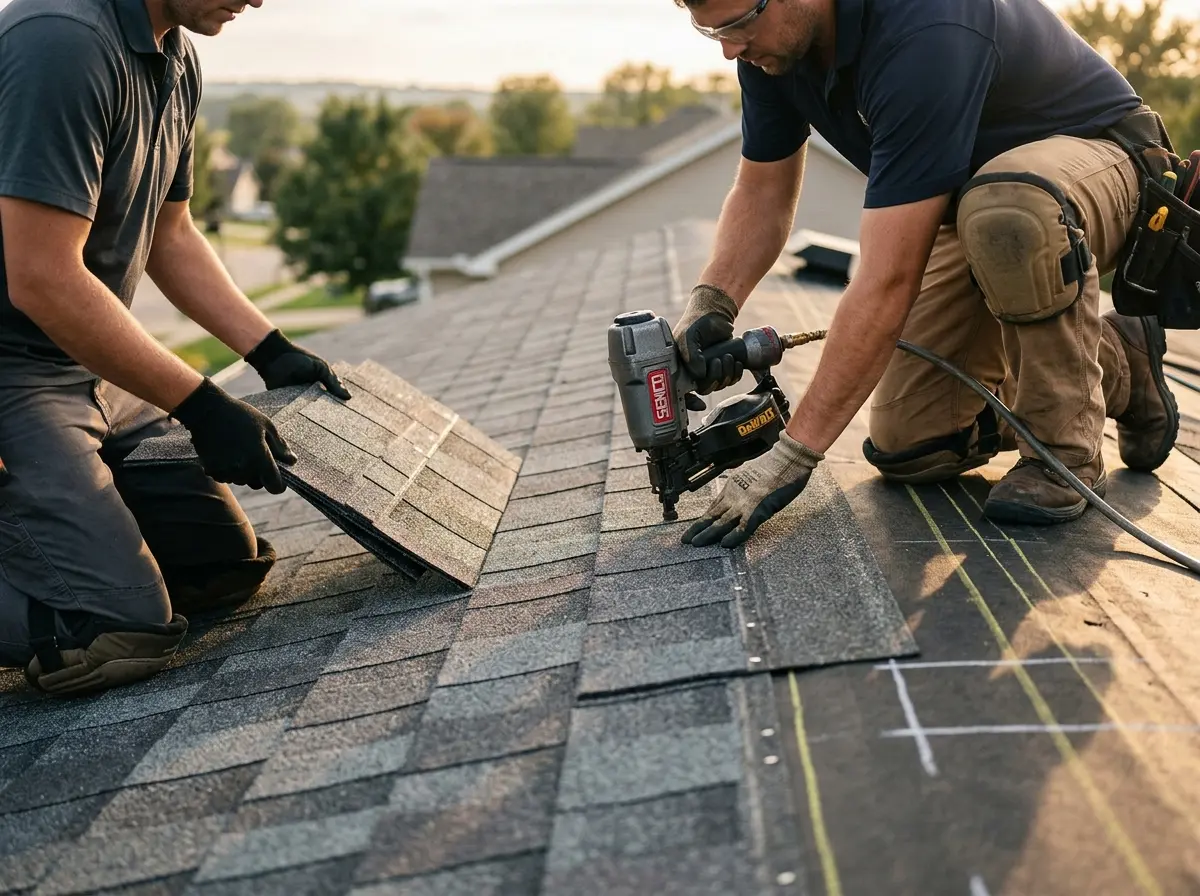 Professional roofer working on a residential roof in Shoreview